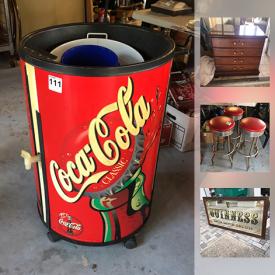 MaxSold Auction: This online auction features PUB FURNISHINGS: Neon beer advertising signs, beer advertising mirrors, lighting, tables, chairs and stools. PUB DECOR: Irish soccer team signed jerseys, sports related pictures. BAR AND KITCHEN FURNISHINGS: Beer advertising 20 oz. glasses, wine glasses, kitchen pots and pans, utensil, small appliances; metal shelving and cabinets. TOOLS: Sears Craftsman radial saw, Skil saw plus more! ELECTRONICS: Sony speakers, RCA theater receiver, DVD/CD players, Digital amp, telescoping speaker stands; Vizio TV; Wii and Wii fit; computer components. FURNITURE: Pier One dining table and chairs. NIB Bevel mat cutter. Yard and Garden and much more!