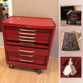 MaxSold Auction: This online auction features Brown Leather Couch, Winter Wolves Print, Tool Chest, Retro Albums, Wooden Mirror, Hallway Runner, Vintage Curio Cabinet, Vintage Tea Caddy, Royal Doulton "Encore" , Humell Figurines and much more!