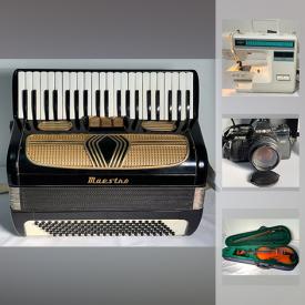 MaxSold Auction: This online auction features an accordion, guitars, computers, DVDs, camera, vacuum, CDs, violins, records, VHS tapes, bicycles, books, outdoor tools, speakers, monitors, cassettes and much more.