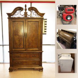 MaxSold Auction: This online auction features 200cc Engine, Circulon Blue Tea Pot, LG A/C Unit, Wood and Wrought Iron Armoire, Accent Chair, Oak Filing Cabinet, Stone Bakers Rack, Queen Bed, Wrought Iron and Glass table, GE Electric Dryer, Oak dining table, Wood Coffee Table, Rc Drone and much more!