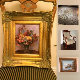 MaxSold Auction: This online auction features Antique Harvest Table, Vintage Mixing Bowl
Marked "R.R.P Co" " Rossville Ohio", Oil paintings, Antique upholstered armchair, Antique Persian Rug, snowboard and much more!