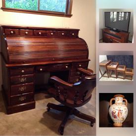 MaxSold Auction: This online auction features Wallace Sterling Aegean Weave Gold Flatware, Solid Cherry Roll Top Desk, Asian Carved Nesting Tables, Ceramic Pottery, Egyptian Papyrus Framed Art, Metal & Jeweled 'Rocks' Patio Bistro Set and much more!