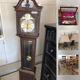 MaxSold Auction: This online auction features Thomasville Cloth Chair, INSIGNIA LED 21 inch TV, Lamps, Thomasville Shelving Unit, Thomasville Buffet, Dining table and chairs, Chair And Ottoman, Dresser, Grandfather Clock, Armoire and much more!