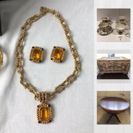 MaxSold Auction: This online auction features Tea Cups and Saucers, Mannequin, costume jewelry, Ornate Wood Chest, Duncan Phyfe Style Leaf Table, mirror and much more!