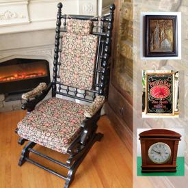 MaxSold Auction: This online auction features ANTIQUE: Two Philadelphia side chairs. VINTAGE: Rocker; snuff bottle. ART: Two Norval Morrisseau prints with COA; wooden carvings; vintage Chinese scroll; painted icons. JEWELRY: Turquoise and onyx bead bracelet with COA, Emerald and ruby gemstones with COA's, green agate bangle bracelet, sterling and gemstones rings, necklaces, sterling chains. COLLECTIBLE: Soapstone elephant; polished agate geode, Chinese amulets, turquoise slab; vintage lighters; baseball and hockey cards; coins; model cars and much more!