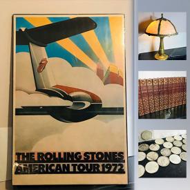 MaxSold Auction: This online auction features COLLECTIBLE: Vintage 1972 Rolling Stones American tour poster; coins/currency; medals/badges; sterling charms; Jadite batter bowl. CRYSTAL: Baccarat decanter and glasses, vintage Kosta Boda, perfume bottles. ART: Limited edition Vas -Y Tauntaun 401/450 signed Diane Ether , maps, Japanese wood prints, oils. ANTIQUE: Slag glass lamp; Japanese bronze mortor and pestle. CHINA: Tea cup sets, many assorted pieces and much more!