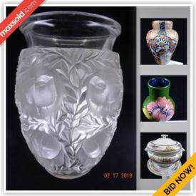 MaxSold Auction: This online auction features Fraserville Art Deco Mantel Clock, Vase of a Hundred Butterflies by artist Mei-Lin Li, Mont Blanc Meisterstuck Ballpoint Pen, Soapstone Polar Bear Carving by Timothy Appatok, Handpainted Teapot, Aynsley Luncheon Place Setting, Moorcroft Bud Vase, Royal Crown Derby Imari Plates, Lalique Bagatelle Vase and much more!