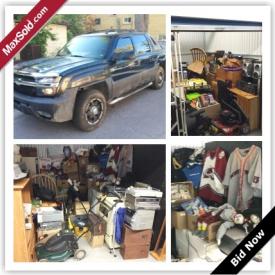 MaxSold Auction: This auction features a 2005 Chevy Avalanche Pick Up Truck, 8'x10' and 10'x10' storage lockers includes fridge and stove, TV, computer, home stereo related electronics. Vintage Disney, Cabbage Patch, Holly Hobby, Spiderman toys, collectibles, Camera light, home alarm system, women's purses, wood tables, a wood desk. Office chairs, Camera tri-pod. Vacuum cleaner, car audio, lawn mower. Microwave oven, vintage playboy magazines, wooden chest full of toys. Camping gear, work boots. All items are untested with many items waiting to be discovered!