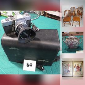 MaxSold Auction: This online auction features Antique Spindle-back Chairs, Rabbit fur stole, UEL Brass Rubbings, Durabrand Slow Cooker, Pyrex stackable mixing bowls, Men's cowboy boots, Miniature Doll's tea set, Five Piece knife set, evening bag, wooden candle, Crib quilt, sterling silver baby carriage charm and much more!