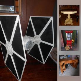 MaxSold Auction: This online auction features vintage Star Wars ship figures, Ray Harryhausen collectible DVD, large Star Wars Tie Fighter ship figure, vintage hour glass, vintage Fitz and Floyd cabbage dish, Sony stereo cassette recorder, metal barn lamp, Umbra ring holders, leather bound albums, metal and cast iron finials, vintage metal refrigerator drawers, vintage wood ladder, solid pine headboard and foot board, MCM half egg chair, Ouija board, vintage chess set and much more!