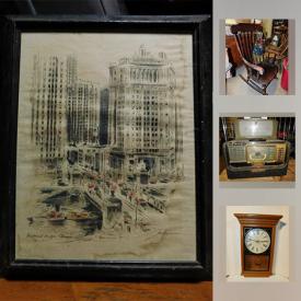 MaxSold Auction: This online auction features Original JOHN HAYMSON Watercolor & Ink Illustration "Boulevard Bridge Chicago", Vintage Chest, Mid Century Modern Chair, Bar, Dry Sink, Antique Rocker, Hitchcock Style Bench, Vintage LIFE Magazines, paintings, Bicycle made in Italy and much more!