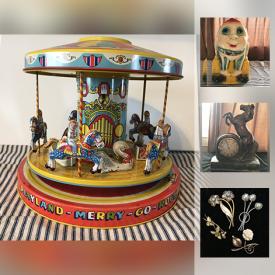 MaxSold Auction: This online auction features 1950s Chein & Co. Tin Merry-go-Round, Milk Bottles, Carnival Chalkware Prize Horse, Vintage Bronze Horse Clock, Antique Theatre Cashier Change Machine, 1950's Felix the Cat Clock, Antique Glass and Brass Door Knobs, Humpty Dumpty Carnival Chalkware Prize Bank, Waterfords Fountain Pen with 14 kt nib, Elmer the Safety Elephant Bank Chalkware Carnival Prize, Pillsbury Dough Boy,Lot of Wizard of Oz Collectibles and much more!