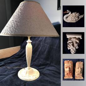 MaxSold Auction: This online auction features ANTIQUE: Rocking horse, floor lamp, Victorian chairs, round side tables, etched window. VINTAGE: Fire King and Pyrex. DECOR: Sconces, plant and candle stands, wall plaques, mirrors, lamps and much more!