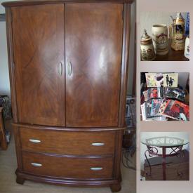 MaxSold Auction: This online auction features Winslow Armoire, Polaroid cameras, Record Albums, Kitchen Appliances, Star Trek memorabilia, Beer Steins, Wool Rugs, Occasional Table, NFL marbles, Commercial Microwave and much more!