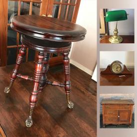 MaxSold Auction: This online auction features ANTIQUE: Mahogany and pine drop leaf dining tables; a barley fork. VINTAGE: RETRO BAR; picnic baskets; travel case; New Haven, Conn. mantel clock; rocking chair; bankers lamp; leaded glass window; oak posts; piano stools; bridge lamp; oak washstand. COLLECTIBLE: Pennants; records; tins; crock; bottles; yellow Pyrex bowls; pub mirror/bar items/glassware; ephemera; pins; EGG CUPS IN CERAMIC AND GLASS including Donald Duck; salt and pepper sets; metal signage/letters; paint-by-number; Amber punch bowl set; Blue Mountain Pottery; steins. Murano glass. Red fox coat and raccoon jackets; leather jackets. RUSTIC: Boxes and crates and more!