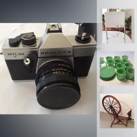 MaxSold Auction: This online auction features ANTIQUE: Duprex spinning wheel; school desk; stoneware jug. VINTAGE: Toys; cameras; phones; Men'shaving items; viewmasters; kitchen items; lanterns; fans/lamps; camping; brass standing ashtray. COLLECTIBLE: Coca Cola; Soapstone; miniatures; figurines; metal pencil sharpeners and figures; Toby jugs; steins; Delft; cigar boxes; china florals; insulators; stone eggs; brass - including horse brass and copper. CRYSTAL/GLASS: Milk glass, pink Depression; JADEITE; blue Carnival, vintage tumblers in metal carrier. CHINA: Vintage Coalport dishes, tea cup sets, lustreware tea set. SAD LIGHT. Mobile butcher block/Island and much more!