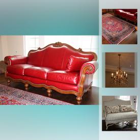 MaxSold Auction: This online auction features FURNITURE: Antique - c 1680 refectory table, c 1880 oak and leather arm chair, gaming table, c 1789 oak sideboard, c 1780 mirror retrofitted with lights. Thomasville - Red leather couch, 2 upholstered accent chairs. Stanley - American Heritage dining room suite - 2 piece china cabinet, buffet, dining table and 8 chairs; executive desk and desk chair; bedroom suite - King Four poster bed, dresser with triple mirrors, two night tables. Lexington Home - Loveseat and wing chair. American Drew bevelled glass, metal and granite base table and four chairs. Designer daybed. Thomas Filicia designer couch, chairs and coffee table. Highland House French settee. ProForm treadmill. Dell Laptops. Yard Machine lawn mower and more!