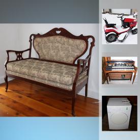 MaxSold Auction: This online auction features ANTIQUE: Wardrobe, settee and bench. VINTAGE: Furniture, Hot Point toaster, hats, metal scale. FURNITURE: Several sets of dining chairs, rattan sofa, chair and ottoman with cushions, headboard with storage and matching vanity with mirror, walnut finish dining table with brass accents, media cabinet, painted pieces, glass and metal pieces. HAMMOND ELECTRIC ORGAN. Moffat dryer. Rugs. HOME IMPROVEMENT: IKEA doors, shelving, wall units; AC units; lighting fixtures. YARD AND GARDEN: Toro riding lawn mower. Power tools. ELECTRONICS: Fax machine, stereo components. COLLECTIBLE: Brass/copper; amber glass. ART: Stained glass panels and much more!