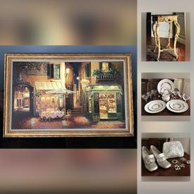 MaxSold Auction: This online auction features FURNITURE: French provincial accent table, Stendig arm chairs, chaise lounge, French Country yellow painted bedside table, 2 tier marble top plant stand, antique bed converted to a bench and more! ART: Limited edition "Evening in Verona" by Russian artist Viktor Shvaiko with COA; Egyptian framed pieces. ANTIQUE: Child's French sewn pintuck and lace dress; photo's. DECOR: Stained glass lamp; tole trays. VINTAGE: Furniture; ladies purses, hats, shoes; books. GLASS/CRYSTAL: Serving pieces, vases, stemware; 13 pieces ruby/cranberry. CHINA: 139 pieces Johnson Bros "Staffordshire Bouquet" ironstone; and more by Aynsley, Goebel, Copeland Spode; Crown Ducal; Child's tea set; Homer Laughlin; Sheraton Bros; 32 pieces/8 place settings "Noel" Christmas dishes and more! JEWELRY: Lori Bond pieces; Earrings, bracelets and necklaces made from vintage jewelry. Husqvarna Viking sewing and embroidery machine. YARD AND GARDEN: 3 foot sections of iron garden fencing and much more!