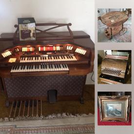 MaxSold Auction: This online auction features Baldwin marquee organ, hurricane lamp, cinderella carriage with horses, tureen, capodimonte statues, beer mugs, antique serving cart, national cash register, barbie's, typewriter, doll house, avon plates, zenith record player furs and much more.