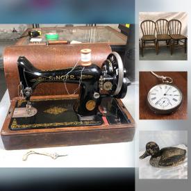 MaxSold Auction: This online auction features solar antique pocket watches, sterling, antique latch sets, coins, road signs, early milk glass jars, vintage tins, etched glass, depression glass, cornflower crystal, antique pictures, needlepoint, bakelite carver set, sewing machines, childrens sewing machines, antique walnut woo teacart, vintage utensils, sterling pendants and jewelry, wood pedestal, murano glass, antique wood planers, carved axe, binoculars, horse lamp, purple amethyst canning jar, anniversary clock, Majolica dish bowl, antique duck decoy and much more!