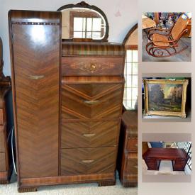 MaxSold Auction: This online auction features Desk, Night Stand, Old Chair, Dresser with Mirror, Sharp viewcam VL E765U camera, Solar Fountain, Oil Painting, Sextant, Table, Doll House Furniture, Children Tea Set and much more!