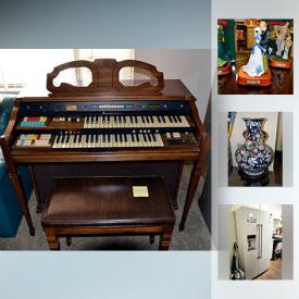 MaxSold Auction: This online auction features Chinese style furniture, ceramics, decor and art: Lighted china hutch, table and chairs; ceramic fishbowls on stands, vases and umbrella stand; framed silk scarves; figurines and more! Howard Miller grandfather clock. Thomasville bedroom suite. Granite top coffee table. Maytag fridge. Hammond organ. COLLECTIBLE: Dolls; figurines; Toys Story/Star Wars/Gone with the Wind. ELECTRONIC: Panasonic stereo and VHS player; Sony 27" TV. GLASS; Tiffin gold rim stemware. CHINA: TEA CUP SETS; Mikasa dishes. VINTAGE: Aluminum serve ware and much more!