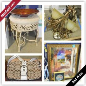 MaxSold Auction: This auction features Table and Wood Cart, Upholstered Chairs, Dining Table And Four Chairs, Electric Gaming Chair, Kids Golf Set, Kids Movies, Books, China, Decorative Items, Arm Chair, Candle Holders, Executive Desk, Lamps, Pair of Sconces, Chandelier, Rugs, Triangle Side Table, Crystal, Artwork, Purses, Twin Beds, Large Trunk and more!