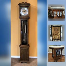 MaxSold Auction: This online auction features Oriental 2 sided screen, Home office desk & cabinet, Antique Oak wood library cabinet, Shadow box framed oriental robe, Grand Mother clock, 'Mikasa' 10 place setting china, Wall hanging tapestry, Cleopatra accent bench and much more!