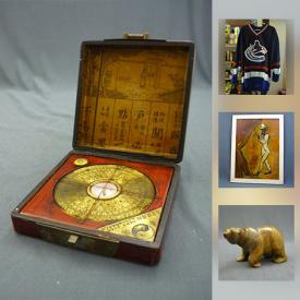 MaxSold Auction: This online auction features Asian Feng Shui Compass, CCM Vancouver Canucks Official Licensed NHL Jersey, Original Oil Painting, Carved Stone Bear Signed Chupak Alaska, Mirrors, Animated Talking Halloween Haunted House Butler, Deilcraft Made in Canada Wooden Side Table, Glass & Metal Circular Side Table, Coalport & Bridgwood Indian Tree China, Framed Rubbing and much more!