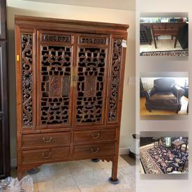 MaxSold Auction: This online auction features Chinese medicine cabinet, Asian Cherrywood carved wash basin, Carved Stand up Cabinet, Asian long Side Board, Waterford marquis glasses, Wool Rug, Antique Oriental Pottery, Antique Handcarved Oriental Doors and much more!