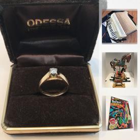 MaxSold Auction: This online auction features a 14k gold diamond ring, sterling silver jewelry, diamond rings, Roger Neilson picture, old camera, pottery vase, remote control Camaro, slide projector, wrestling programs, comics, glass necklace, carved horse decor, cast bubblegum machine, Elvis magazines, pottery lamp, inlaid jewelry box, rug and more!