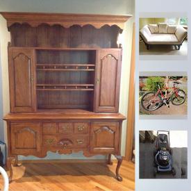 MaxSold Auction: This online auction includes furniture such as Thomasville hutch and buffet, cherry wood dining room set, and Thomasville bunk beds, collectibles such as Royal Doulton, art such as metal wall art, framed prints, and photography, linens, hand tools, Wii games, aquarium, terrariums, costume jewelry, Craftsman lawn mower, glassware, crafting supplies and much more!