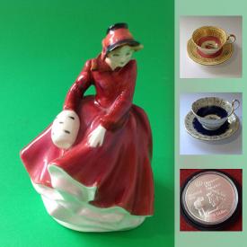 MaxSold Auction: This online auction features Royal Doulton figurine, Hummels, Tea Cups, Birks 3 pc. Carving Knife set, Sterling silver matching mirror, Beleek Creamer and Sugar, antique Valet Stand, BROOKFIELD insulators, Wedgwood WESTLAND hand coloured plates, coins, and much more!