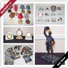 MaxSold Auction: This auction features Omega Bronze Desk Clock, Men's Cufflinks, Antique Post Cards, Baltic Amber Jewellery, Sterling Silver, Military Medals, German WWII Military Book, Vintage Wrist Watches, Vintage Asian Buddha Tea Pot, Dean Markley Amplifier, Lithographs, Sterling Silver Jewellery, Vintage Harmonicas, Antique Asian Table, Artwork, Vintage Bronze Statue and more!