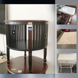 MaxSold Auction: This online auction features furniture such as cabinets, dresser, beds, chair, tables, sofa sleeper, glass and metal table, wood folding dining table, chrome and faux marble coffee table and more, fireplace screen, mirrors, rugs, stemware, clothes racks, ceiling lights, table lamps, pillows, ceiling fans, duvet, pillows, curtains, floor lamps, faux flowers, fabric and much more!