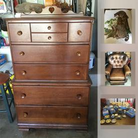 MaxSold Auction: This online auction features FURNITURE: 100 year old maple bedroom suite; c 1929 bookcase; leather recliner. TOOLS: Power, hand, craftsman tool chest, hardware, home improvement. ART: Signed wildlife lithographs by Richard Timms and Mary Wampler and more! COLLECTIBLE: 16 pieces Wedgwood blue jasperware; bear statues including Boyd's Bears; books. Yard and garden and much more!