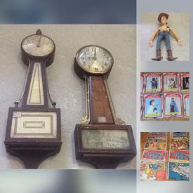 MaxSold Auction: This online auction features Tin Motor Cycle Sign, Comic, Banjo Clocks, 1953 U.S.A. 2 Dollar, Star Wars Trading Cards, Large Railroad Sign ,Duck Decoy Motors and much more!