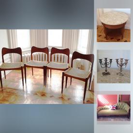 MaxSold Auction: This online auction features Mid Century Modern Danish Dining Chairs, French Provincial Marble Top Side Tables, Silver Plated Candelabras, Rope Chairs, Oak Pedestal Table, Bamboo Ski Poles, Victorian Chez Lounge, Engravings, Wedgwood New Cunard 2017 Bowl, Antique Chinese Scroll and much more!