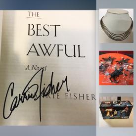 MaxSold Auction: This online auction features a signed 1st edition Carrie Fisher book, early boxed set of Britains mounted soldiers, Sterling silver necklace, rare Johnny Cash 1st pressing on Sun 78 RPM record. COLLECTIBLE: Star Wars; Topps and Upper Deck, Pokemon and Yu Gi Oh trading cards; Dungeons and Dragons, Disney, McDonalds action figures; Beanie Babies; M & M's; Star Trek; Marvel and DC comics; Die cast cars; Wade tea figures; Election/political buttons; stamp books; 8x10 movie stills; 45 records; military pins, cap buttons; ephemera. ANTIQUE: 12 stereo view cards; oak level; metal postal scale. VINTAGE: Beer trays; kitchen items; Lionel box car; Viewmaster and much more!