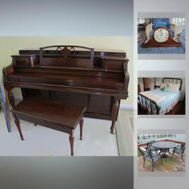 MaxSold Auction: This online auction features VINTAGE: 3 Brass beds; glassware; Homer Laughlin "Oxford ware" ; Cameras - Kodak ; Radio Flyer scooter; Janssen piano and bench; 3 metal trays; school desks; Zenith radio; Murray bicycle; WOODEN BENCH. FURNITURE: White four seat sofa; glass top/metal base table and 5 chairs; wicker 3 seat couch, chair and ottoman; buffet; Sterling dresser with mirror; ASIAN THEMED KING ROSEWOOD PLATFORM BED, TWO CHESTS OF DRAWERS IN CABINET, DRESSER WITH 3-PANEL MIRROR. CHINA: Large set Crown Ming dishes; Irish dish set; tea cup sets. GLASS: Vintage and GREEN Vase. JEWELRY: 14K and pearl; Sterling and costume. COLLECTIBLE: Beanie Babies; vinyl; miniatures; hurricane and oil lamps. YARD AND GARDEN: Performance series grill with accessories; tools, furniture, decor. Golf clubs and bags and much more!