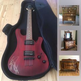 MaxSold Auction: This online auction features Signed Electric Guitar, Antique Buffet, antique dresser, Antique Silverware set, Canadian Centennial Dollar 1876-1976, Antique Sugar Ration Sacs WWII, Antique Silver Dish Holder, Tetley Tea Figurines, Maple Office Chair and much more!