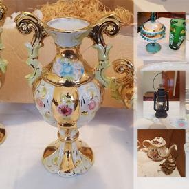 MaxSold Auction: This online auction features COLLECTIBLE: Vintage - Glass, amber, ruby, pink green, coloured, depression, crystal/cut-pressed glass; MILK GLASS AND CRYSTAL LAMPS. CHINA/Ceramics: Tea cup sets; tea pots; sugar and creamers; cookie jars; salt and pepper shakers; horse and Wade figures; mini tea sets and vases; Onyx/marble; cast and steel irons; bells; toy cars; beer mugs and much more!