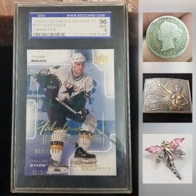 MaxSold Auction: This online auction features Tyler Bouck Upperdeck gold hockey card, Sterling silver topaz dragonfly pendant, 1901 Canadian sterling silver dime Victorian, Sterling silver 925 snail pendant Mexico, Coca Cola belt buckle numbers 800, 1854 New Brunswick penny bank token, sterling silver chunky ball ring, Etched ladies .925 sterling locket and much more!