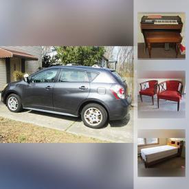 MaxSold Auction: This online auction features 2009 Pontiac Vibe, Bookshelves, Children Toys, Vintage Empire style sofa, Dining Room Set, Vintage TV, Electric Organ, File Cabinet, Accent Chain and much more!