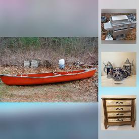 MaxSold Auction: This online auction features a canoe, vintage dolls, lion door knocker, a commercial gas grill, tables, promotional baseball, coke a cola bottles, mountain dew bottles, vases, door stop, tea cups and saucers, figurines, signs, 4 drawer jewelry box and much more!