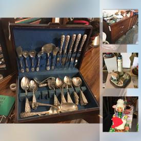 MaxSold Auction: This online auction features STERLING SILVER: "Repousse" flatware set plus another "Repousse" set in silver plate. COLLECTIBLE: Big Music box collection - Steinbach, Ardleigh Elliott, Deichert; huge lighthouse collection - Danbury Mint, Harbour Lights, Scaasi; Many Royal Copenhagen/B & G Christmas plates, Russian Legends plates; Jewelry boxes; Sport memorabilia - Baltimore Colts and Nascar; LP's; Stamps; Ephemera; MICKEY MOUSE PHONE; Lighters; Pyrex; Sterling silver Stieff pin; quilts. FURNITURE: Mid-century dining room suite - buffet, dining table and chairs; metal patio table and chairs; two bedroom suites - King and Queen. VINTAGE: RCA console radio/turntable, Electronics; Camera equipment. TOOLS: Entire contents of garage including Craftsman 10" radial saw, Kennedy toolbox and contents, Cast generator and much more! YARD AND GARDEN: Tools, statuary, Weber grill and much more!