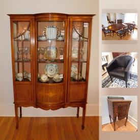 MaxSold Auction: This online auction features FURNITURE: Antique china cabinet; buffet, dining table, 8 shield back chairs; Victorian walnut Pier cabinet; Antique 3-tier plant stand/display; Burton reproductions drop-front secretary; two faux suede love seats; several upholstered armchairs and ottomans; four tub chairs - two in leather, two upholstered; bedroom dressers and armoire. ART: Limited edition prints - J. Cheywood 1/70; and more! Signed artist proof Shahn Baskin Sculpt; Original by Rosalind Goss; Reproduction enlargements of matchbook covers; 3 ceramic pieces. CRYSTAL: 32 Schott Zwiesel wine glasses plus champagne and cognac; Spiegelau stemware; Shannon platter. CHINA: 86 pieces Paragon dishes; 20 pieces Royal Stafford; Royal Doulton tea pots; Rosenthal/Limoges platters and more! STERLING SILVER: Vintage vanity set; Birks spoon and 2 small bowls. Silver plate. ELECTRONICS: Office - HP printer, scanner, copier, fax; file cabinet; black lacquer desk; TV's- Toshiba Theatrewide, 32" Samsung, Sharp 26" Aquos HDMI; Sony DVD player; Denon stereo components. SPORTING GOODS: 4 BICYCLES; balls, Hockey, skates, portable basketball goal. EXERCISE EQUIPMENT: Sole treadmill; Bosu ball; Pilates ring. COLLECTIBLE: Royal Doulton figurine and much more!