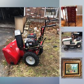 MaxSold Auction: This online auction features a snow plow, tools, bike, cedar chest, Lenox china, signed books, yard tools, air compressor, table saw, lawnmower, license plates, vintage end table, dining table and chairs, art, cake plates, Bose, camera, collector plates, apothecary cabinet, figurines, games, Red Sox memorabilia, jewelry cabinet and much  more!