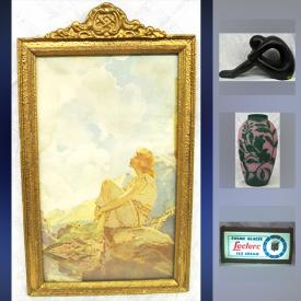 MaxSold Auction: This online auction features ART: Large Deco Modernist Henry Moore style pottery figure; Lawren Harris and A.J Casson prints; vintage Maxfield Parrish print; many original oils and watercolours. GLASS: Art Nouveau pink/green cameo vase; Murano pieces; signed Chalet pieces; Swarovski red heart. LAMPS: Antique stained glass porch lamp, art Deco tower bedroom lamps, mid-century, figural and more! COLLECTIBLE: Leclerc light up advertising clock; costume brooches and tie clips; Pyrex; John Deere toy tractor; Lladro wall plaque; pottery; Roseville bowl, McCoy vase and more! Early Antique Chinese cloisonne and much more!